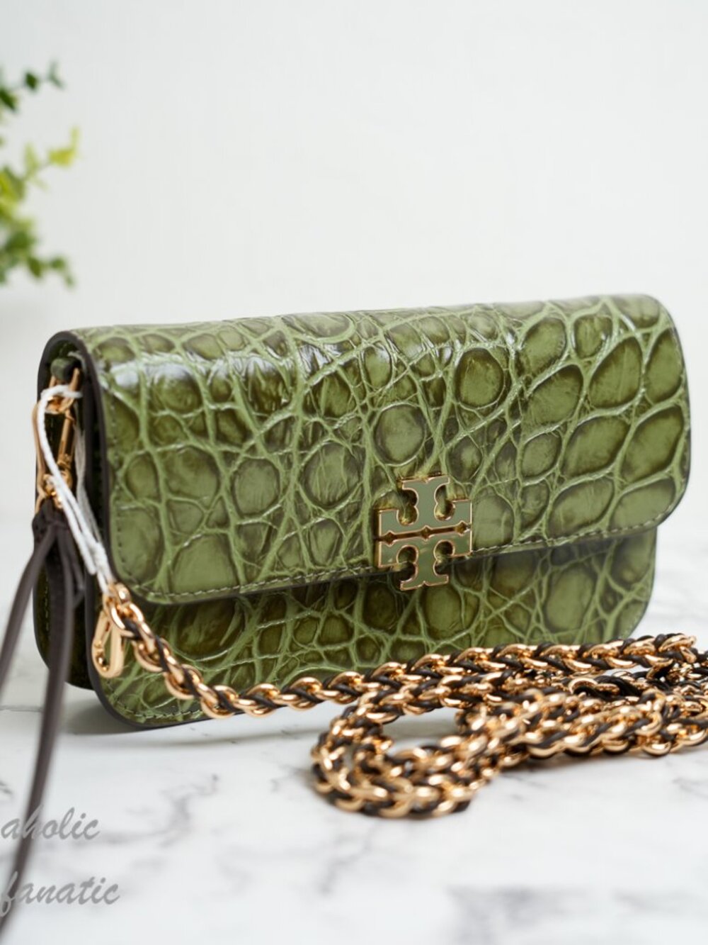 Tory Burch Britten Chain Wallet Crossbody in Croc-embossed Leather Soft Ivy NWT